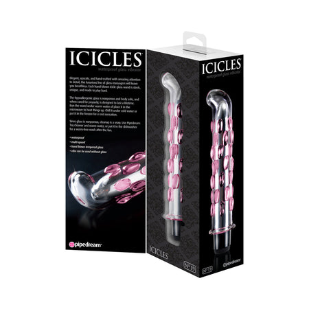 Pipedream Icicles No. 19 Curved Textured Vibrating 7.5 in. Glass Dildo Pink/Clear - Zateo Joy