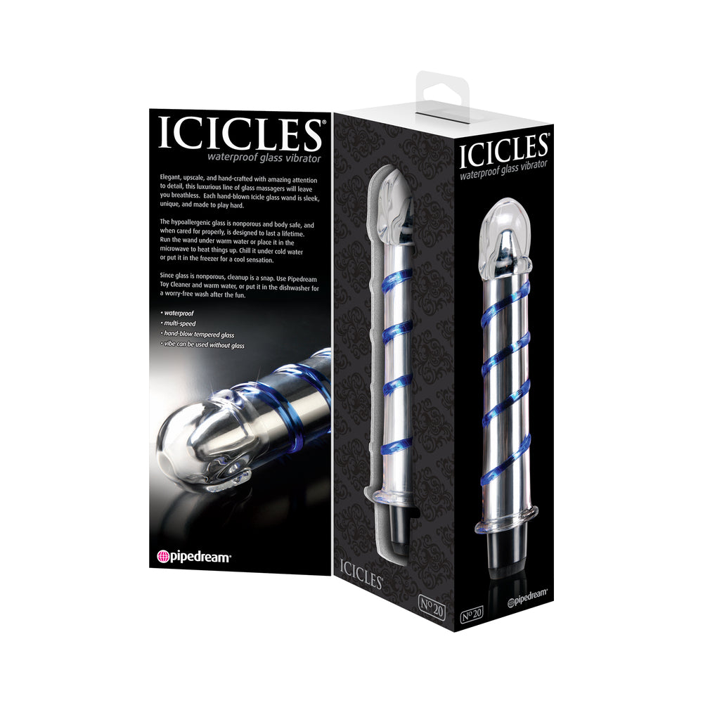 Pipedream Icicles No. 20 Ribbed Vibrating 7.5 in. Glass Dildo Blue/Clear - Zateo Joy