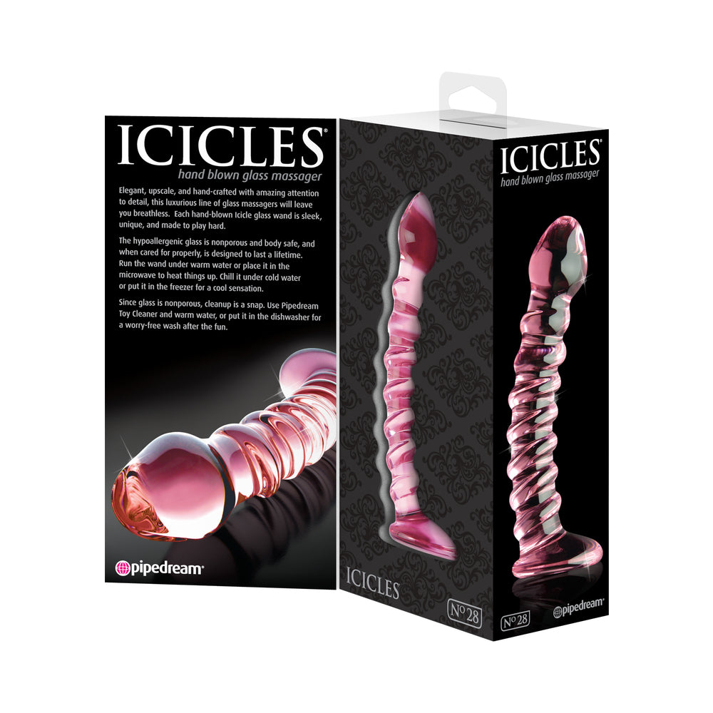 Pipedream Icicles No. 28 Curved Ribbed 7.25 in. Glass Dildo Pink - Zateo Joy