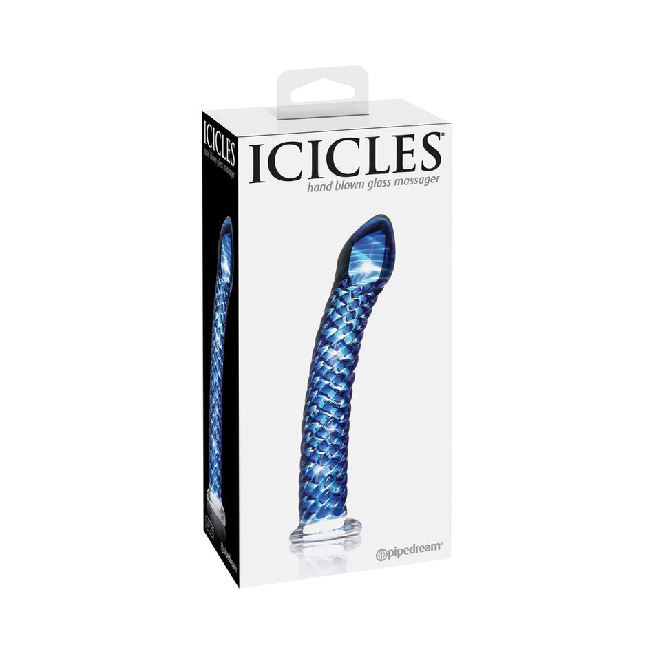 Pipedream Icicles No. 29 Curved Textured 7.25 in. Glass Dildo Blue - Zateo Joy