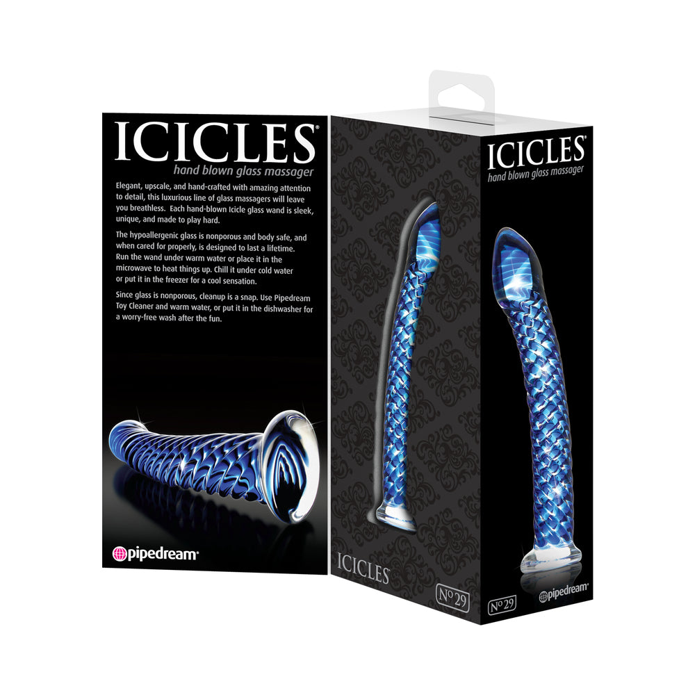 Pipedream Icicles No. 29 Curved Textured 7.25 in. Glass Dildo Blue - Zateo Joy