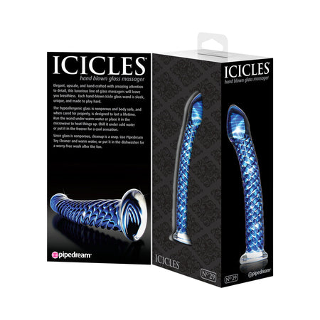 Pipedream Icicles No. 29 Curved Textured 7.25 in. Glass Dildo Blue - Zateo Joy