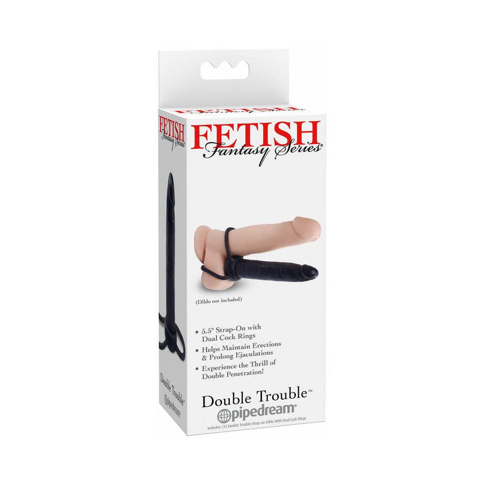 Pipedream Fetish Fantasy Series Double Trouble Dual Cockring Strap-On With 5.5 in. Dildo Black - Zateo Joy