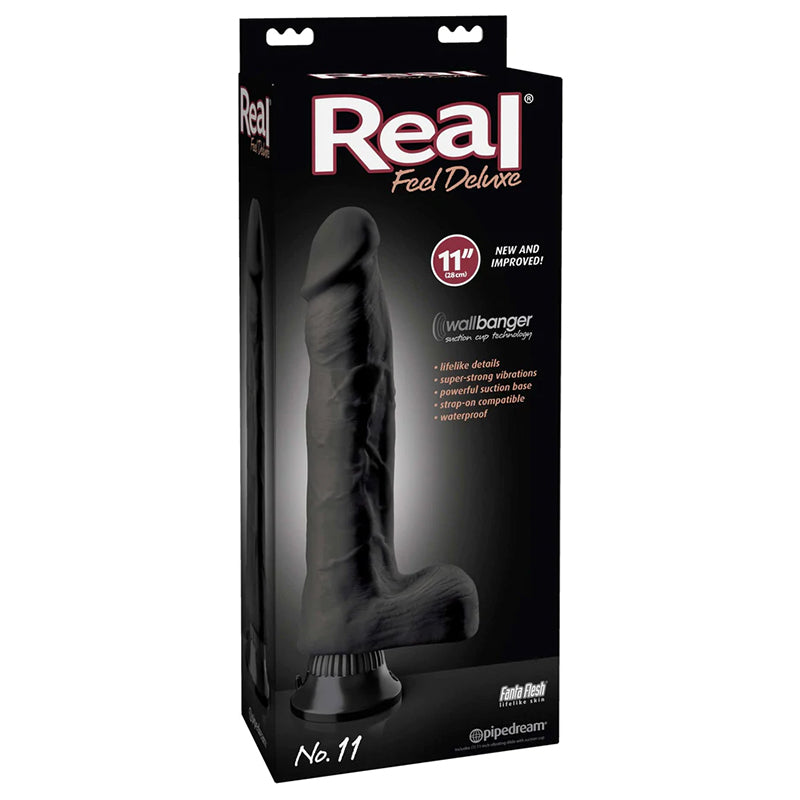 Pipedream Real Feel Deluxe No. 11 Realistic 11 in. Vibrating Dildo With Balls and Suction Cup Black - Zateo Joy