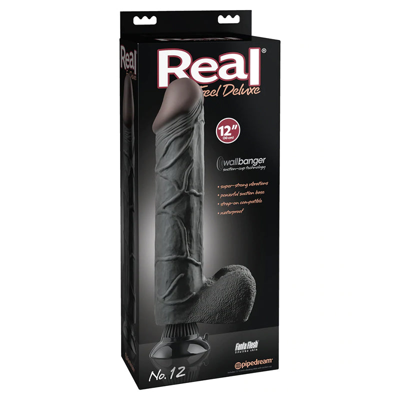 Pipedream Real Feel Deluxe No. 12 Realistic 12 in. Vibrating Dildo With Balls and Suction Cup Black - Zateo Joy