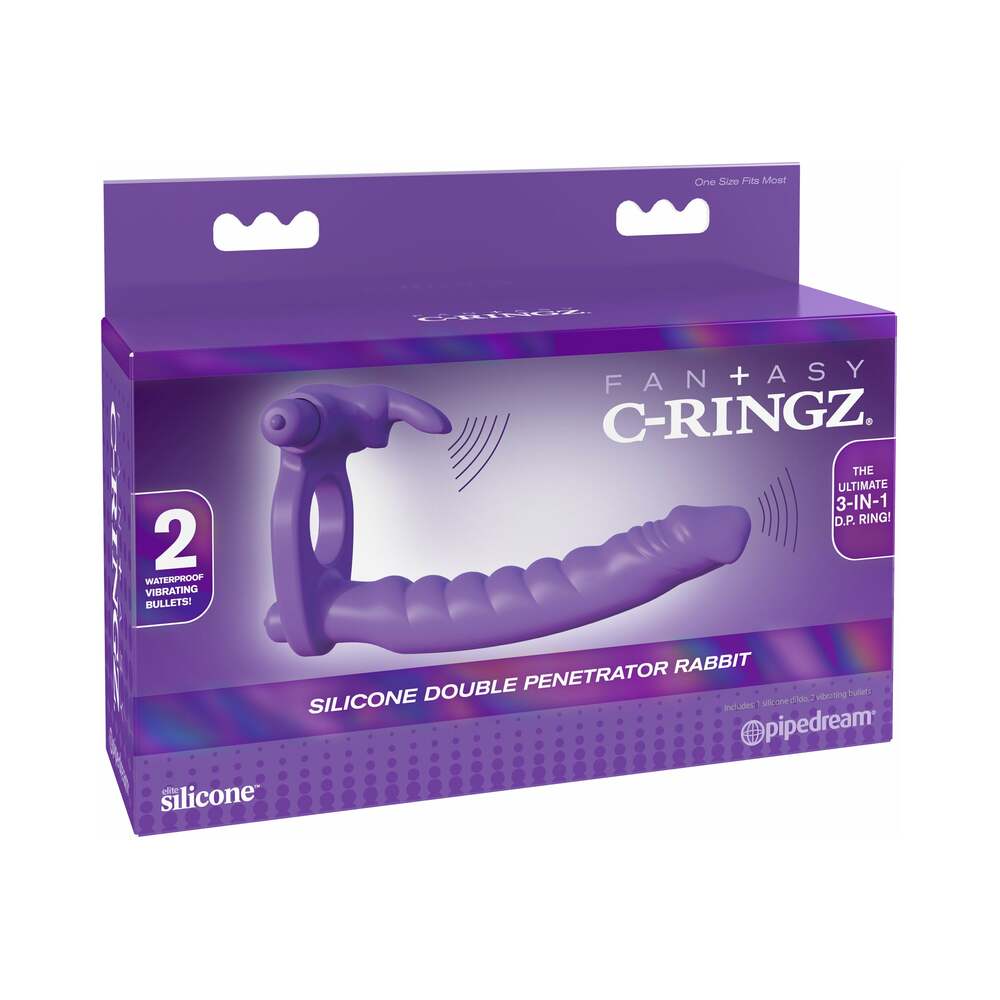 Pipedream Fantasy C-Ringz Double Penetrator Vibrating Rabbit Dual Entry Cockring Purple - Zateo Joy