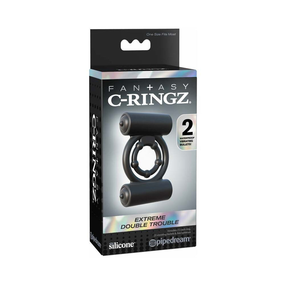 Pipedream Fantasy C-Ringz Extreme Double Trouble Vibrating Cockring Black - Zateo Joy