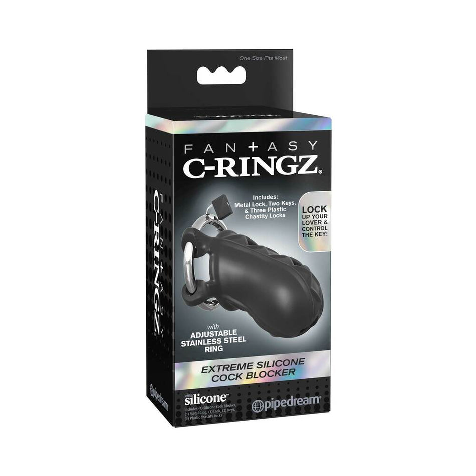 Pipedream Fantasy C-Ringz Extreme Silicone Cock Blocker Locking Chastity Cage Black - Zateo Joy