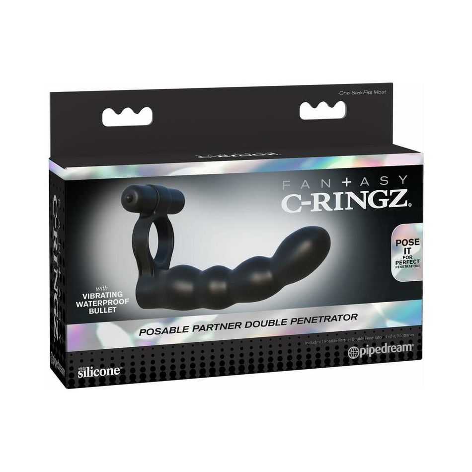 Pipedream Fantasy C-Ringz Posable Partner Double Penetrator Vibrating Cockring Black - Zateo Joy