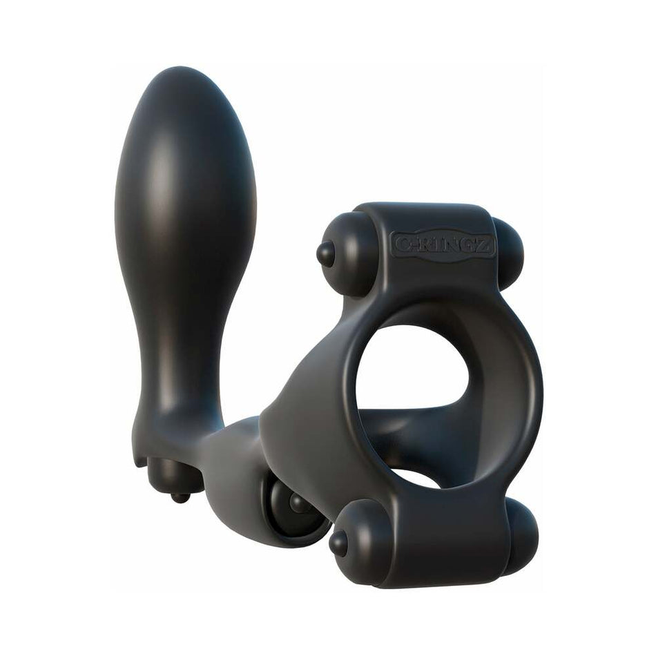 Pipedream Fantasy C-Ringz Ultimate Ass-Gasm Vibrating Silicone Cockring With Anal Plug Black - Zateo Joy