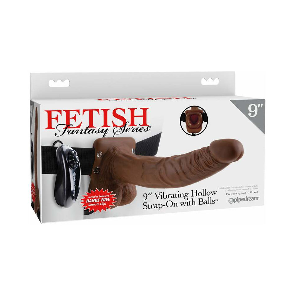Pipedream Fetish Fantasy Series 9 in. Vibrating Hollow Strap-On with Balls Brown/Black - Zateo Joy