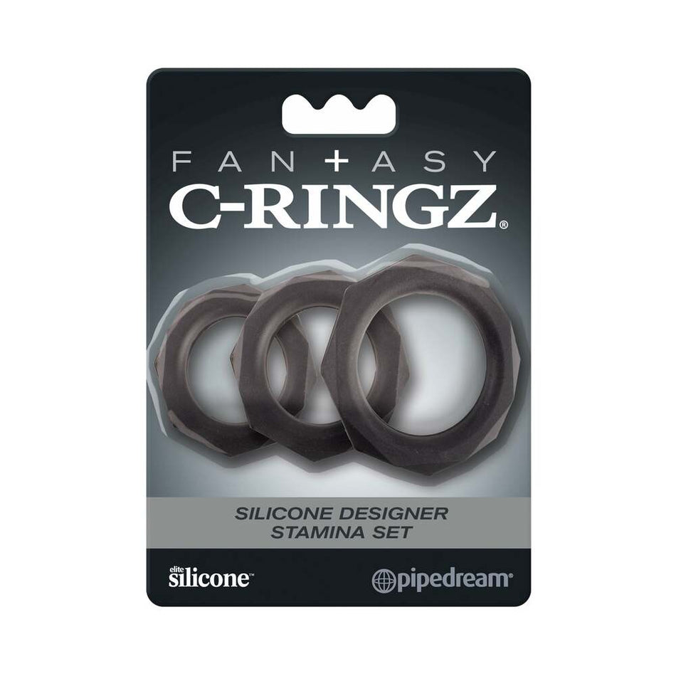 Pipedream Fantasy C-Ringz Silicone Designer Stamina 3-Piece Cockring Set Black - Zateo Joy