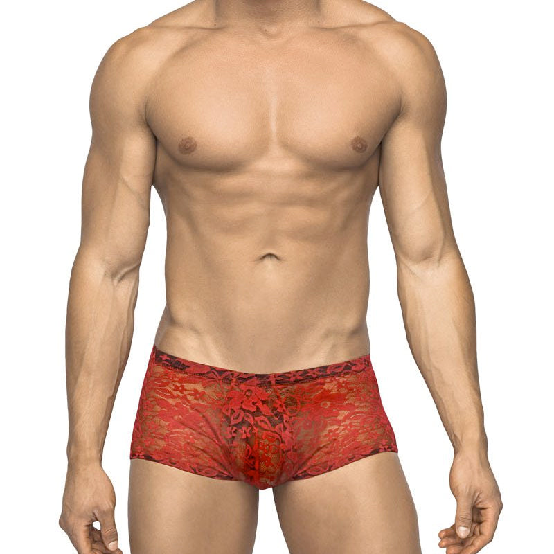 Male Power Stretch Lace Mini Short Red Medium - Zateo Joy