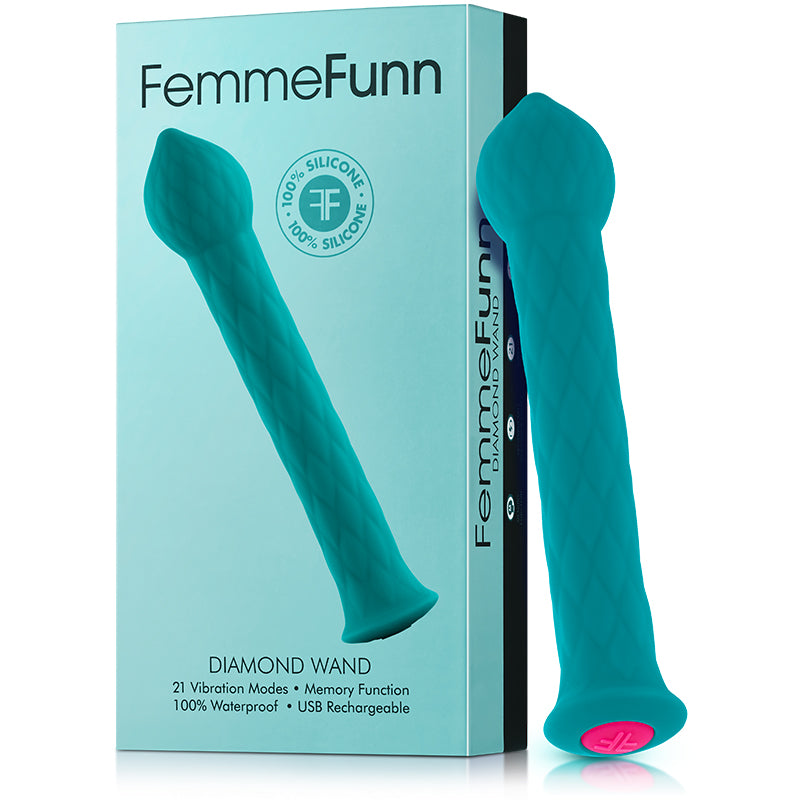 FemmeFunn Diamond Wand Rechargeable Flexible Textured Silicone Vibrator Turquoise - Zateo Joy