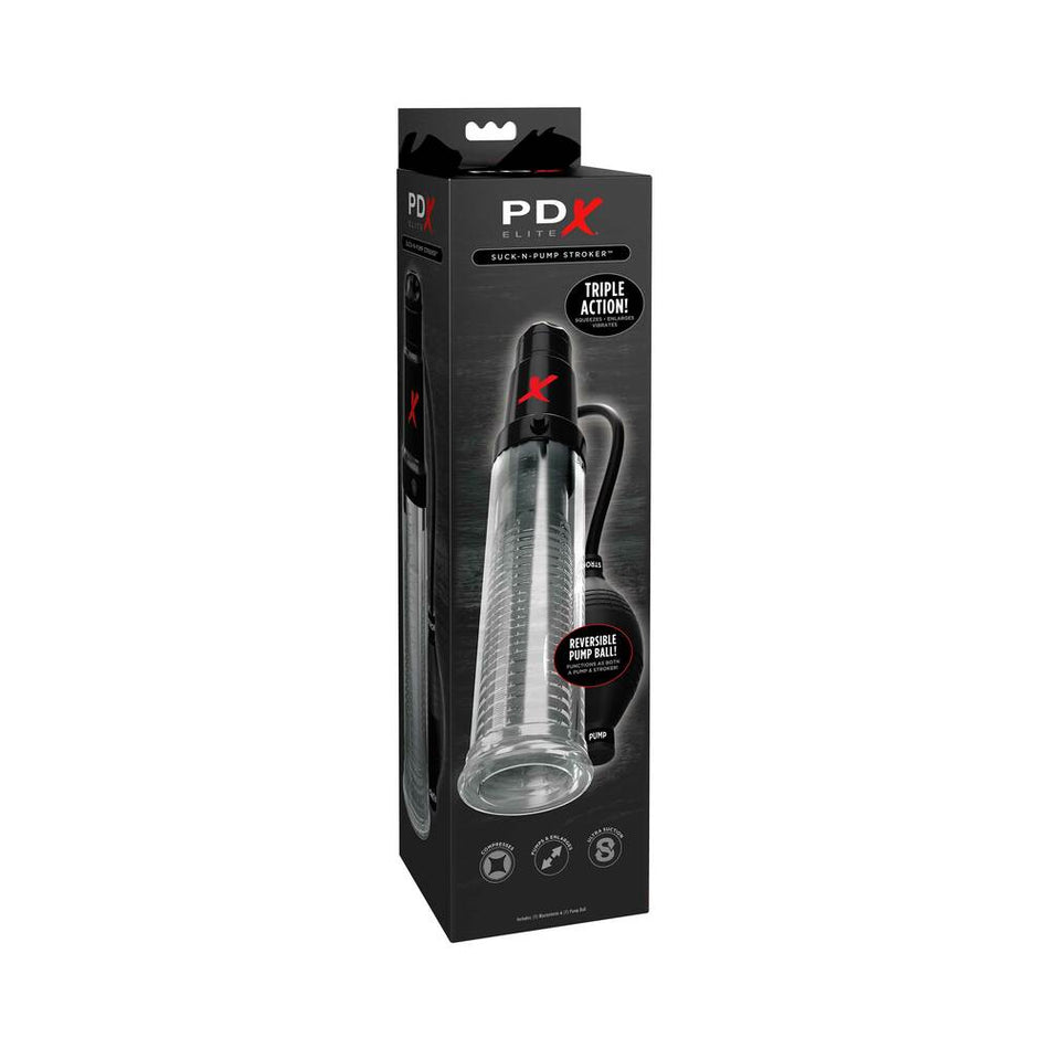 PDX Elite Suck-N-Pump Vibrating Penis Pump & Stroker Clear - Zateo Joy