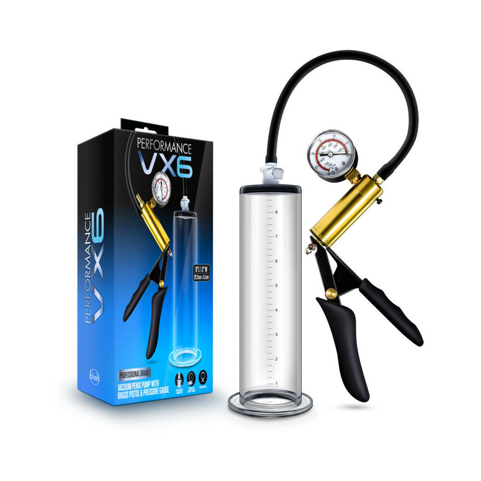 Blush Performance VX6 Vacuum Penis Pump with Brass Pistol & Pressure Gauge Clear - Zateo Joy