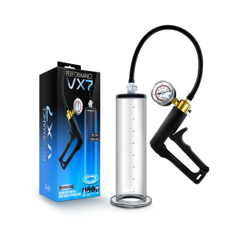 Blush Performance VX7 Vacuum Penis Pump with Brass Trigger & Pressure Gauge Clear - Zateo Joy