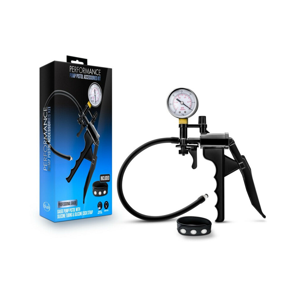 Blush Performance Gauge Pump Pistol with Silicone Tubing & Silicone Cock Strap Black - Zateo Joy