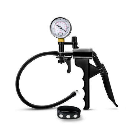 Blush Performance Gauge Pump Pistol with Silicone Tubing & Silicone Cock Strap Black - Zateo Joy