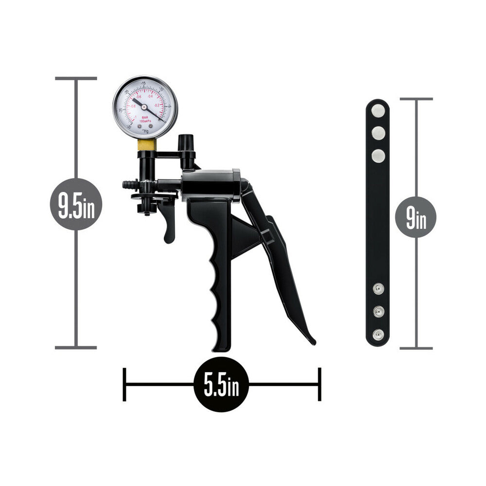 Blush Performance Gauge Pump Pistol with Silicone Tubing & Silicone Cock Strap Black - Zateo Joy