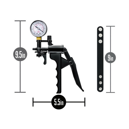 Blush Performance Gauge Pump Pistol with Silicone Tubing & Silicone Cock Strap Black - Zateo Joy