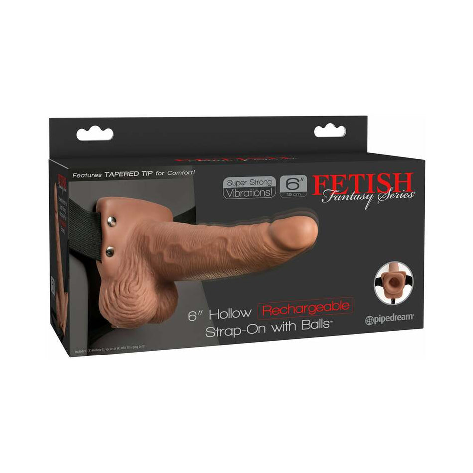 Pipedream Fetish Fantasy Series Rechargeable Vibrating 6 in. Hollow Strap-On With Balls Tan/Black - Zateo Joy