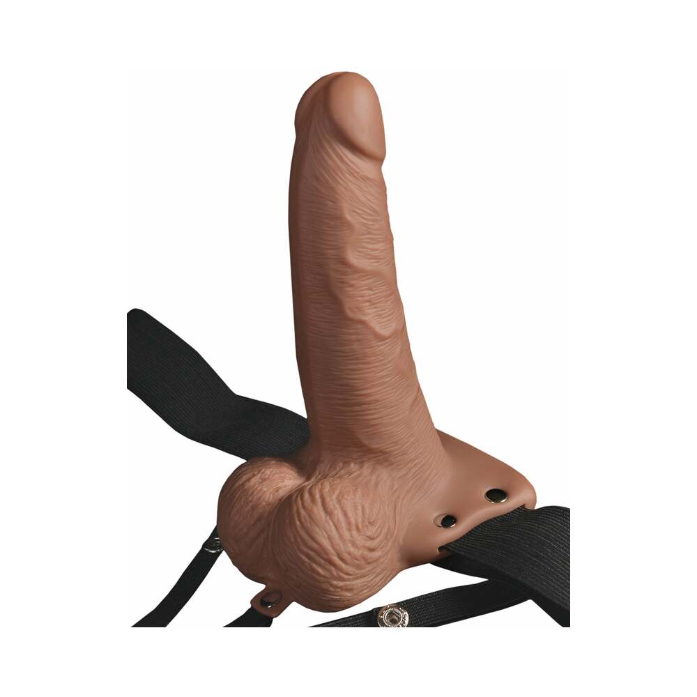 Pipedream Fetish Fantasy Series Rechargeable Vibrating 6 in. Hollow Strap-On With Balls Tan/Black - Zateo Joy