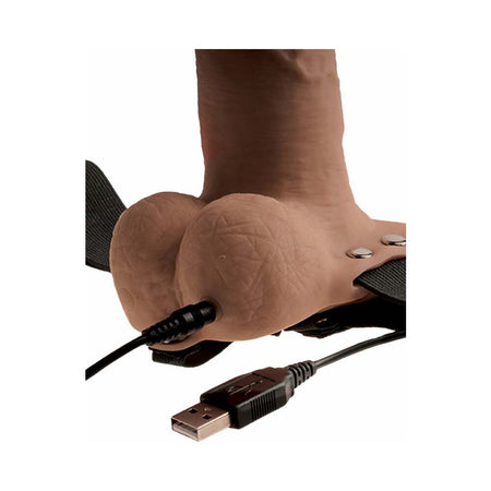 Pipedream Fetish Fantasy Series Rechargeable Vibrating 6 in. Hollow Strap-On With Balls Tan/Black - Zateo Joy