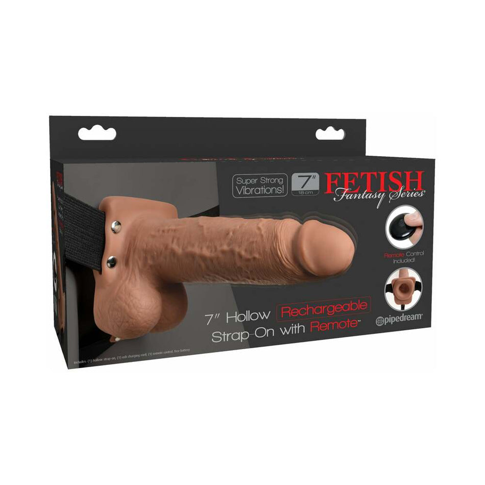 Pipedream Fetish Fantasy Series Vibrating 7 in. Hollow Strap-On With Balls Tan/Black - Zateo Joy