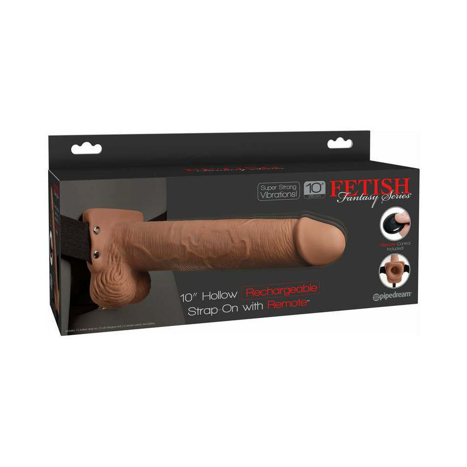 Pipedream Fetish Fantasy Series Vibrating 10 in. Hollow Strap-On With Balls Tan/Black - Zateo Joy
