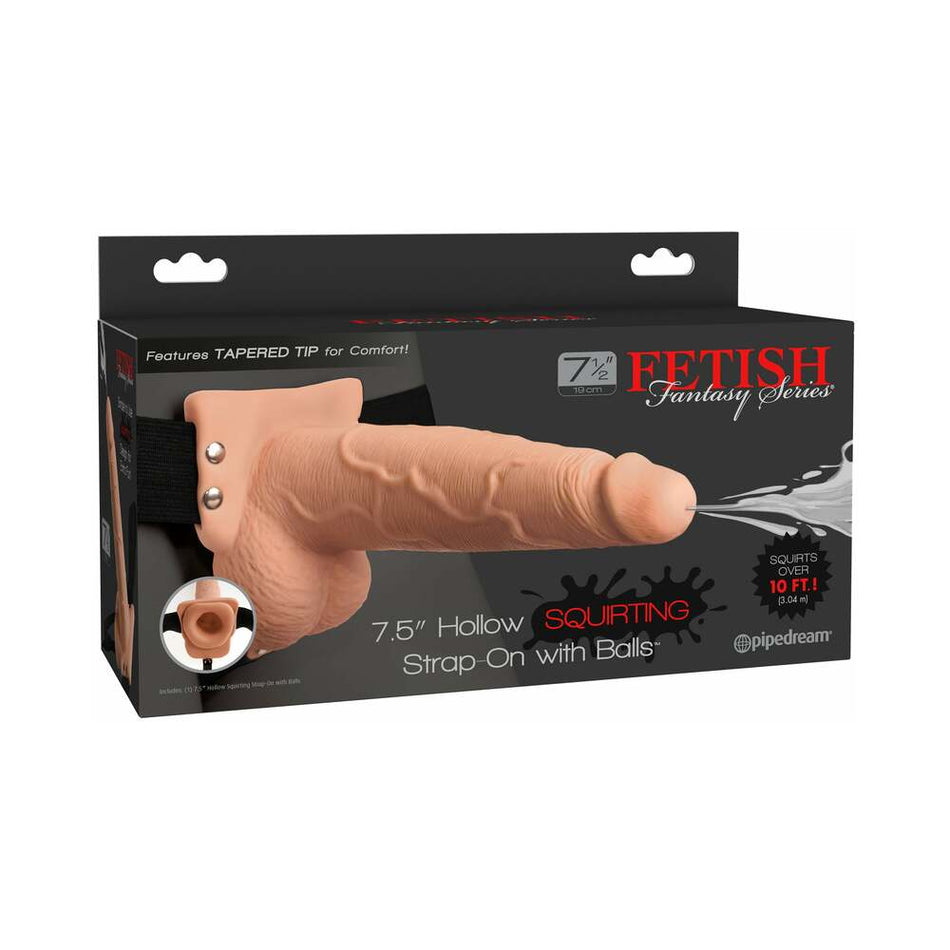 Pipedream Fetish Fantasy Series 7.5 in. Hollow Squirting Strap-On With Balls Beige/Black - Zateo Joy