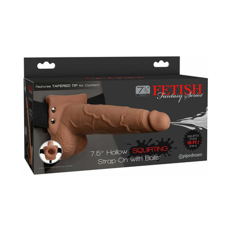 Pipedream Fetish Fantasy Series 7.5 in. Hollow Squirting Strap-On With Balls Tan/Black - Zateo Joy