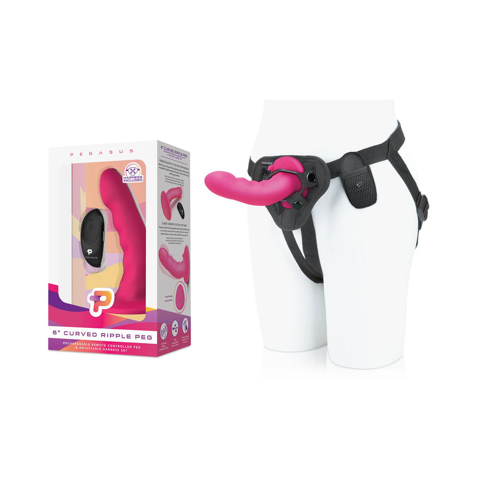 Pegasus 6 in. Curved Ripple Peg Rechargeable Remote-Controlled Dildo & Harness Set Pink - Zateo Joy