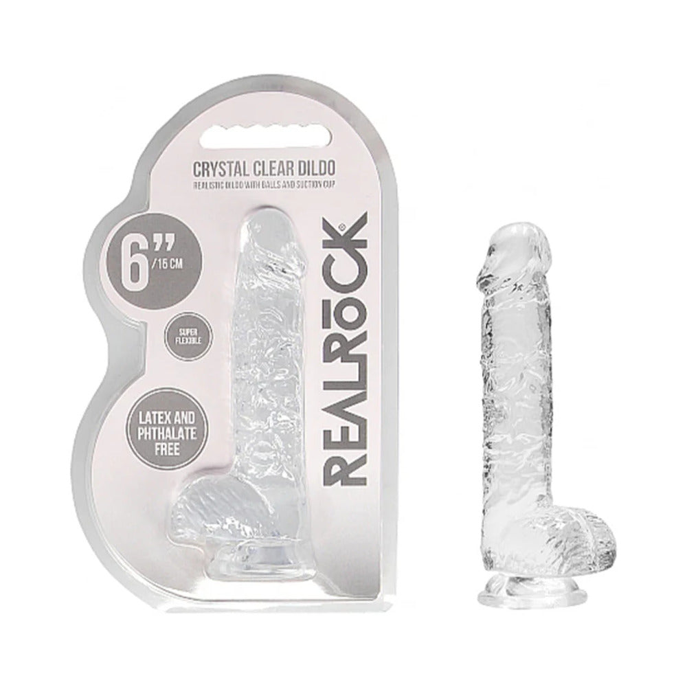 RealRock Crystal Clear Realistic 6 in. Dildo With Balls and Suction Cup Clear - Zateo Joy