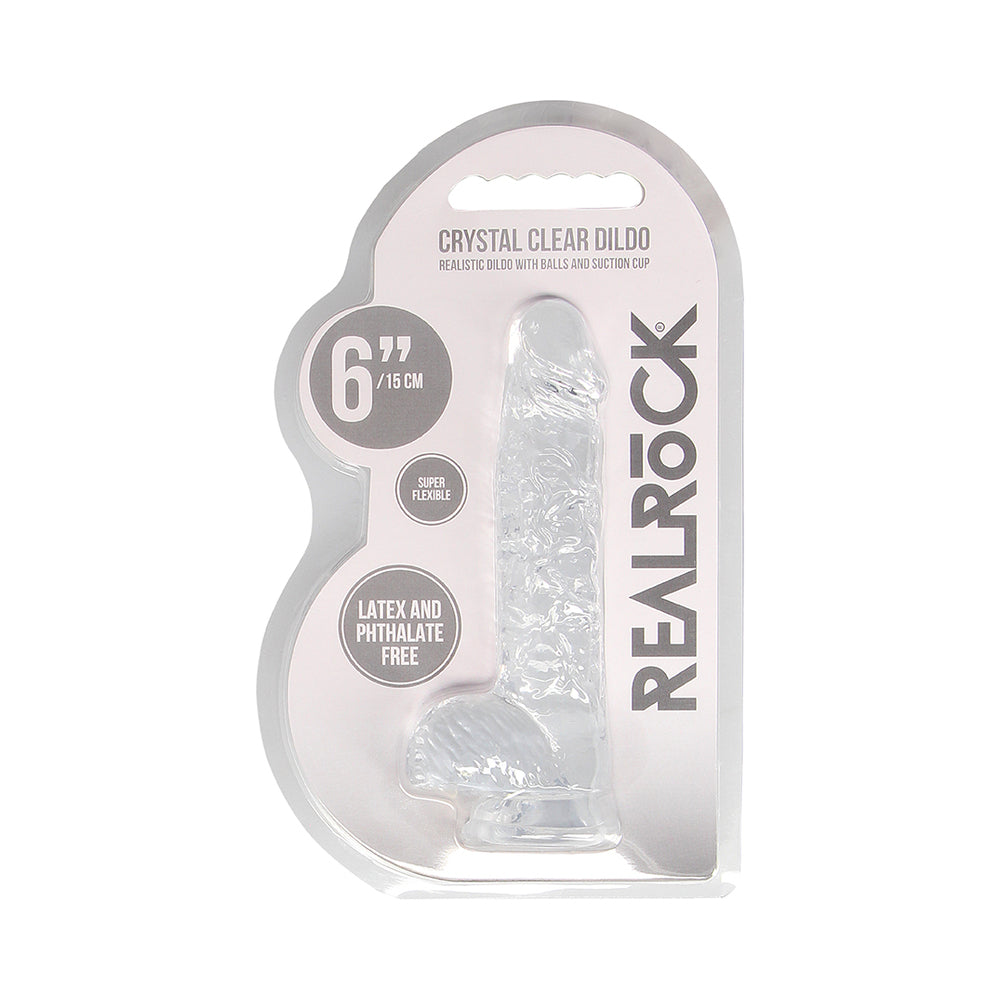 RealRock Crystal Clear Realistic 6 in. Dildo With Balls and Suction Cup Clear - Zateo Joy