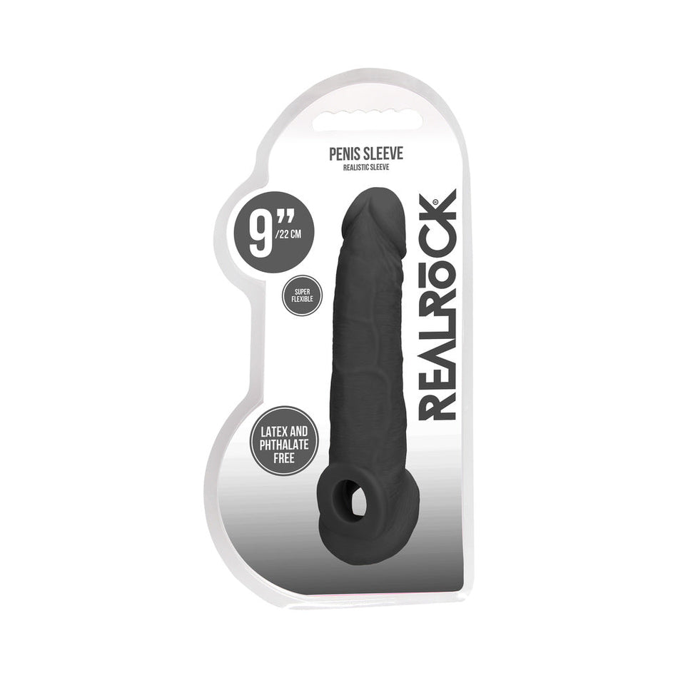 RealRock Realistic 9 in. Penis Sleeve Extender Sling Black - Zateo Joy