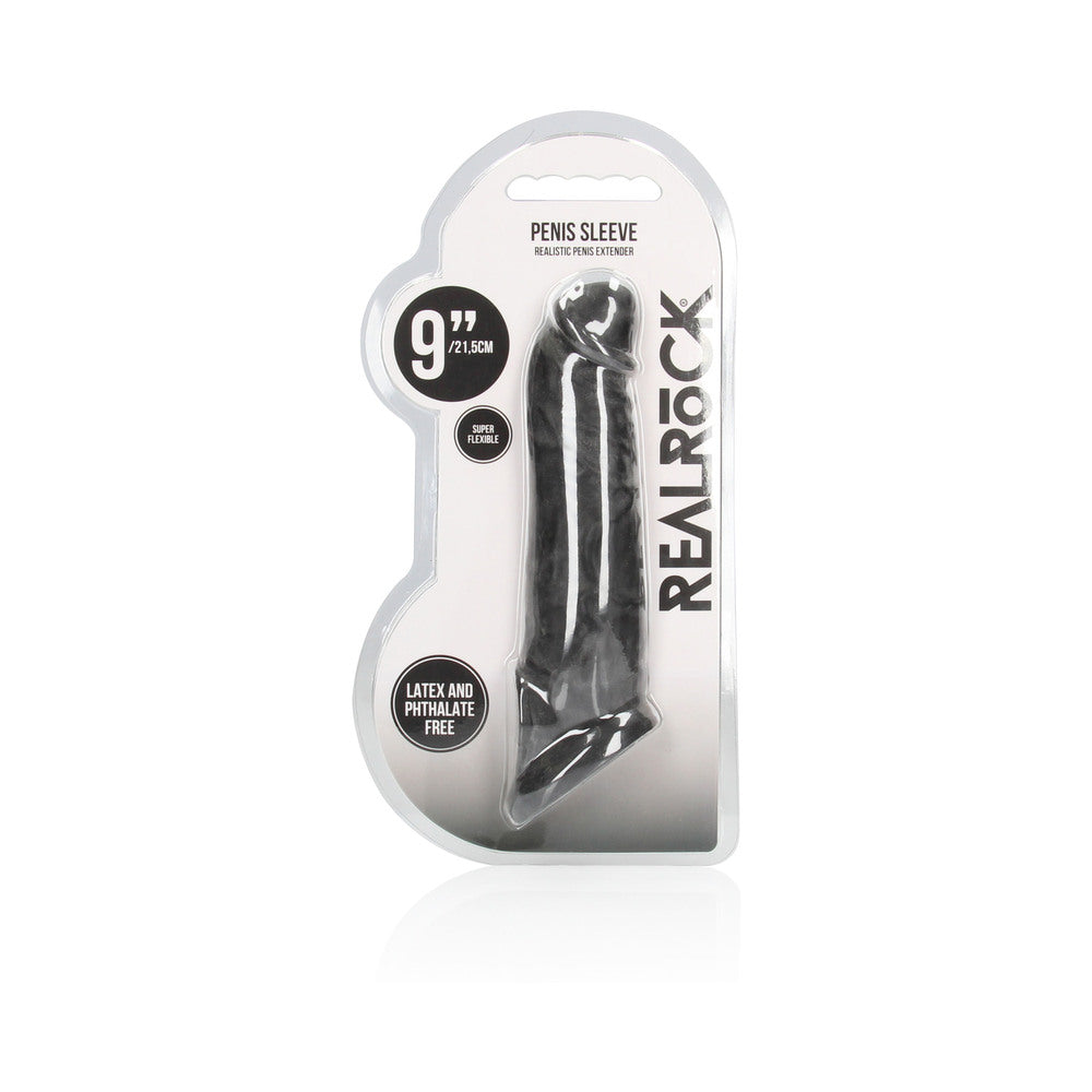 RealRock Realistic 9 in. Penis Sleeve Extender Sling Black - Zateo Joy