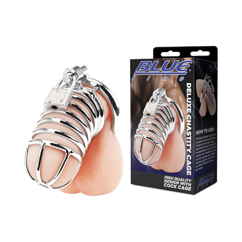 Blue Line Deluxe Chastity Cage Silver - Zateo Joy