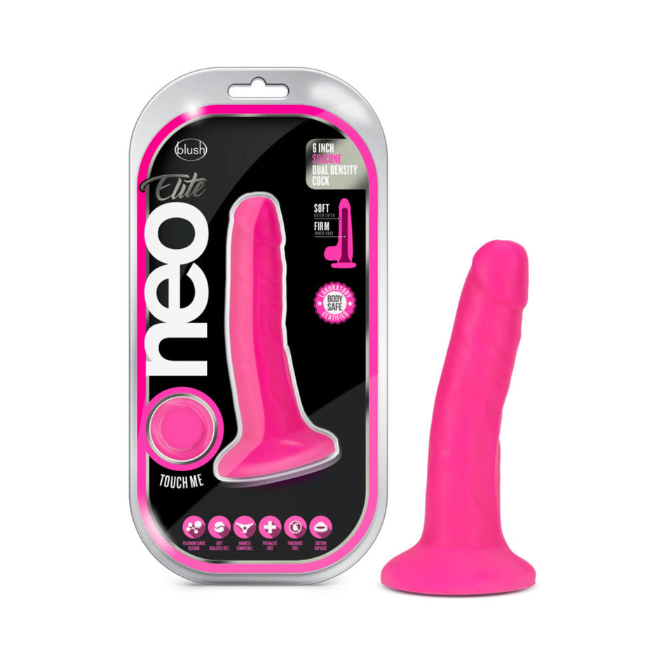 Blush Neo Elite 6 in. Silicone Dual Density Dildo with Suction Cup Neon Pink - Zateo Joy