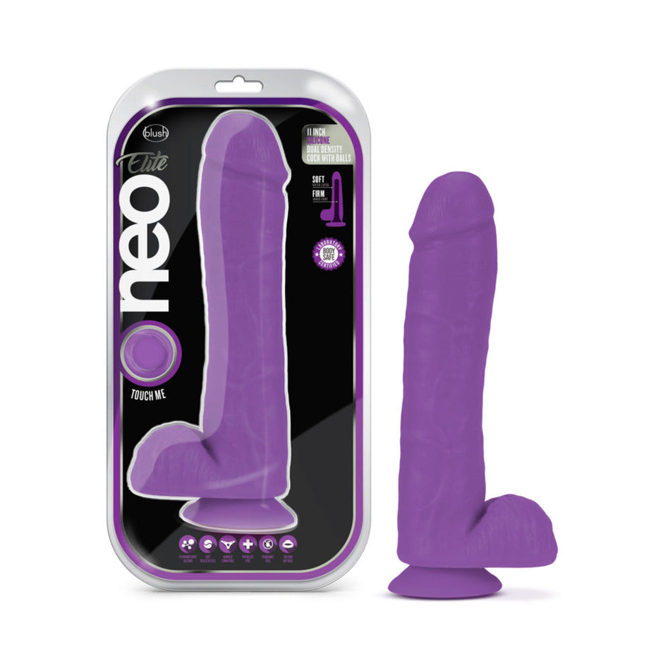 Blush Neo Elite 11 in. Silicone Dual Density Dildo with Balls & Suction Cup Neon Purple - Zateo Joy