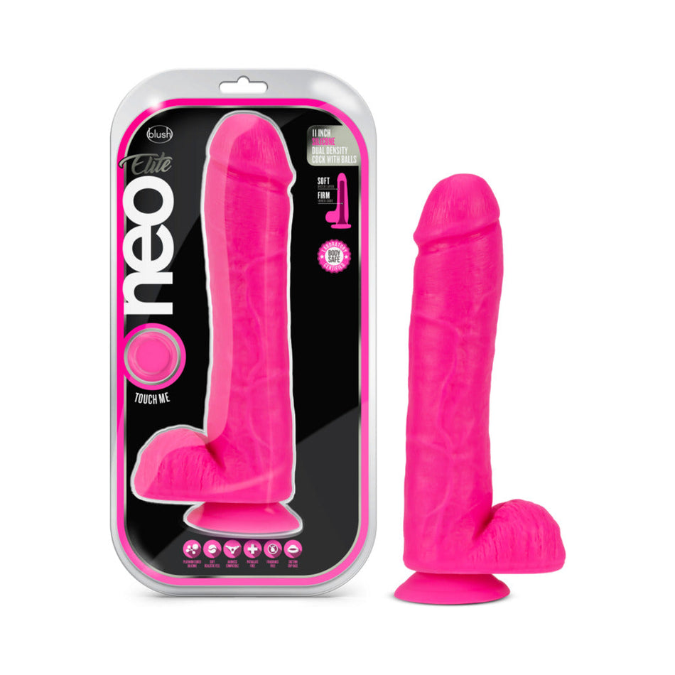 Blush Neo Elite 11 in. Silicone Dual Density Dildo with Balls & Suction Cup Neon Pink - Zateo Joy