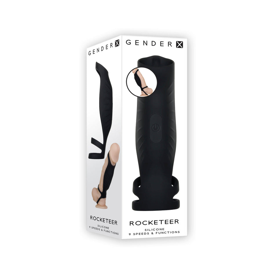 Gender X Rocketeer Rechargeable Triple-Ring Vibrating Silicone Penis Sheath Black - Zateo Joy
