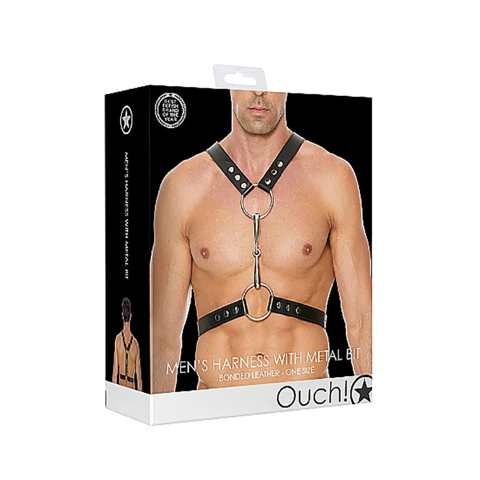 Ouch! Men's Bonded Leather Harness With Metal Bit Black O/S - Zateo Joy