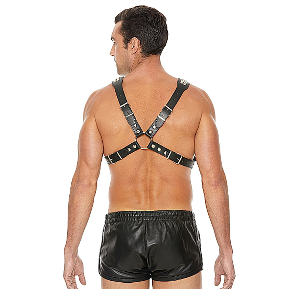 Ouch! Men's Bonded Leather Pyramid Stud Body Harness Black O/S - Zateo Joy
