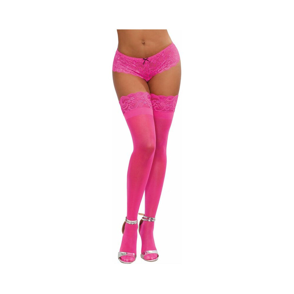 Dreamgirl Neon Pink Sheer Thigh-High Stockings With Silicone Lace Top Pink OS - Zateo Joy