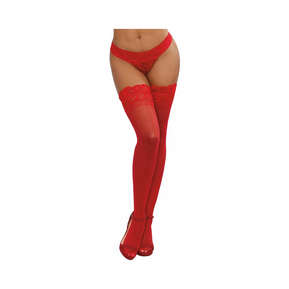 Dreamgirl Sheer Thigh-High Stockings with Silicone Lace Top Red OS - Zateo Joy
