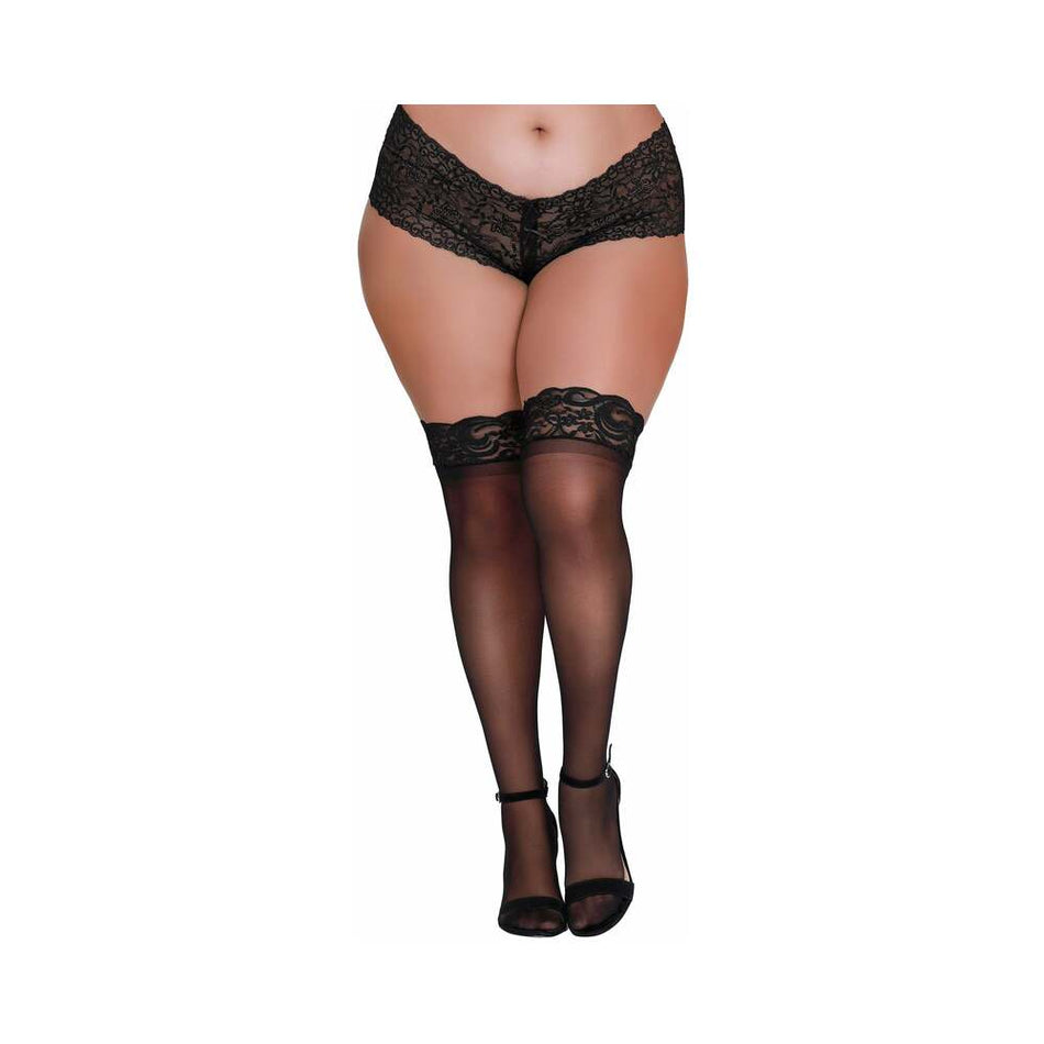 Dreamgirl Plus-Size Sheer Thigh-High Stockings With Silicone Lace Top Black Queen - Zateo Joy