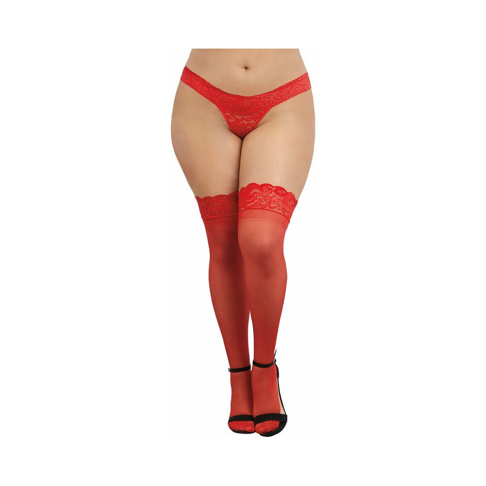 Dreamgirl Plus-Size Sheer Thigh-High Stockings With Silicone Lace Top Red Queen - Zateo Joy