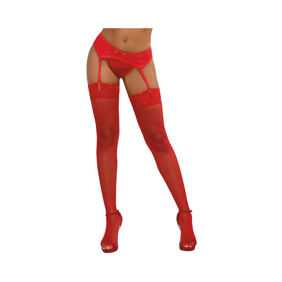 Dreamgirl Fishnet Thigh-High Stockings With Lace Top Red OS - Zateo Joy