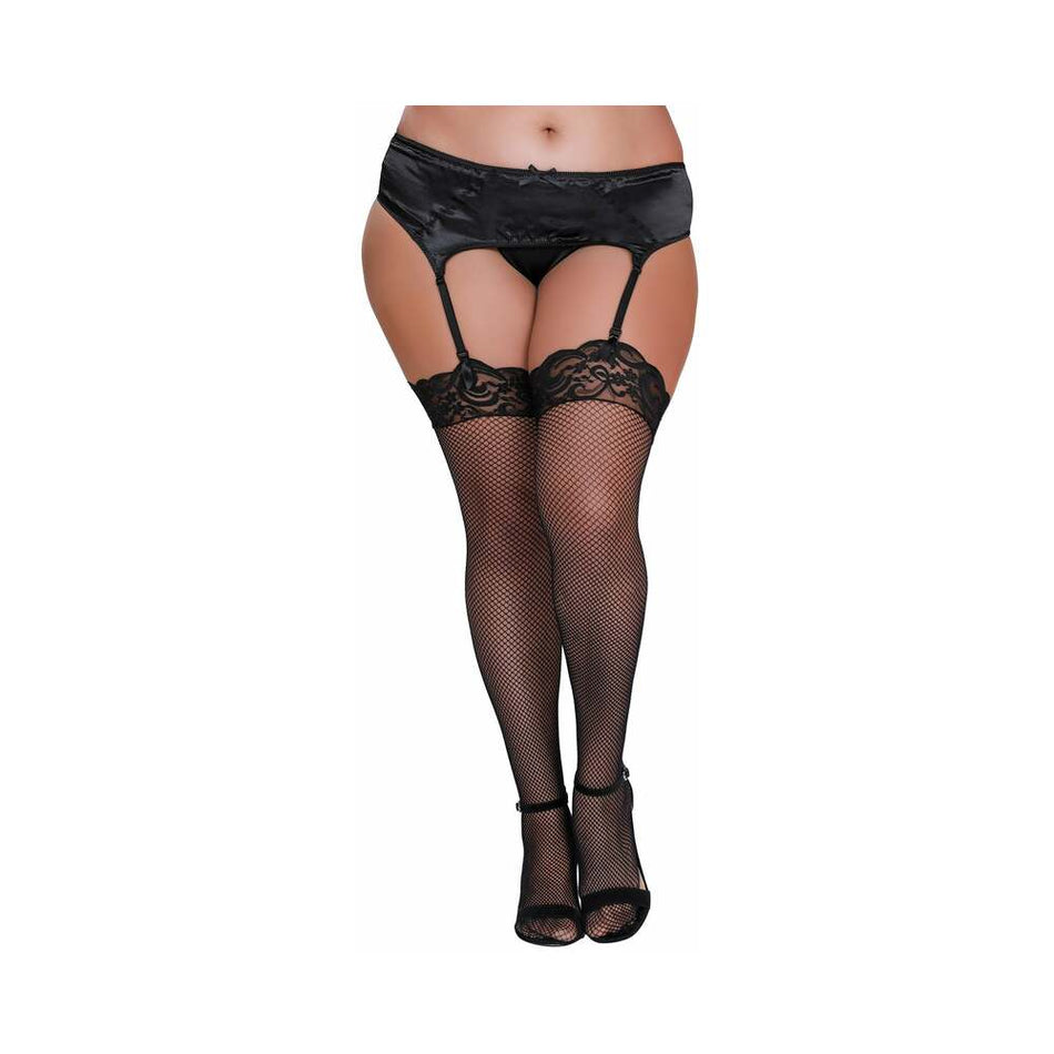 Dreamgirl Plus-Size Fishnet Thigh-High Stockings With Lace Top Black Queen - Zateo Joy